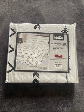 BAMBOO White Fitted Sheet Set with Black Tribal Print
